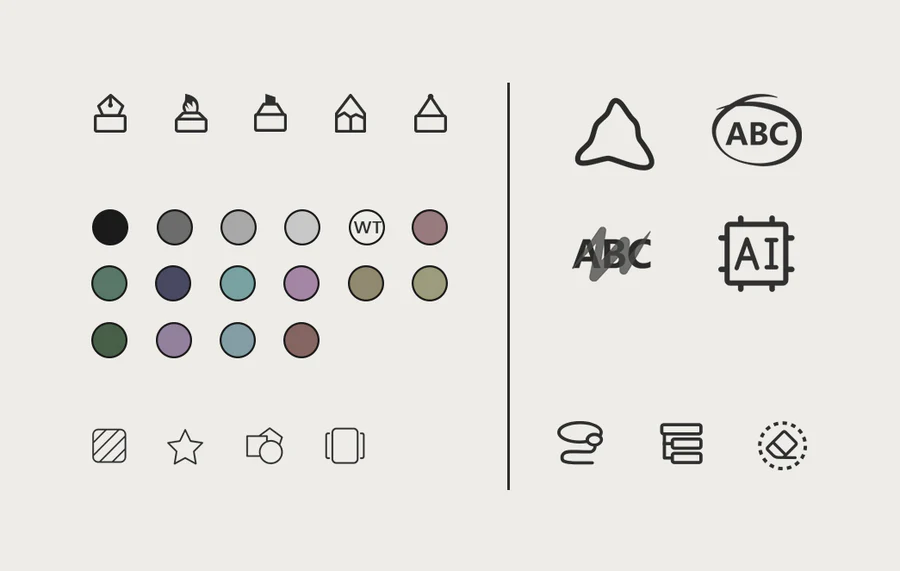 Icons and tools palette for writing
